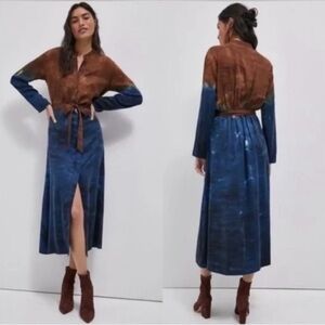 cloth & stone Brown and Blue Tie-Dye Button-Front Midi Dress